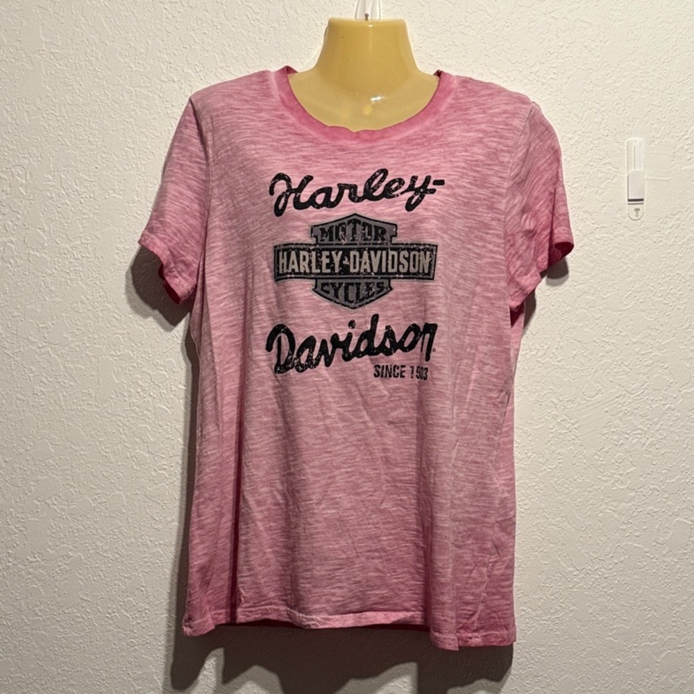 NWOT Harley-Davidson Pink Logo Graphic Tee Size L Cotton Distressed Womens Shirt